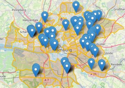 Zu sehen ist eine Karte von Hamburg auf denen alle Logen markiert sind. | © OpenStreetMap